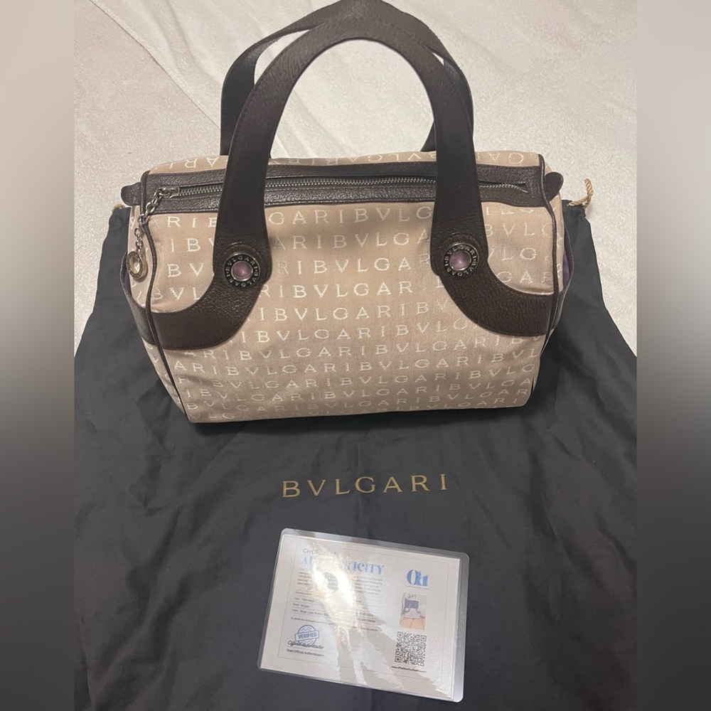 Bvlgari Beige logo canvas & leather handbag with dust bag and COA